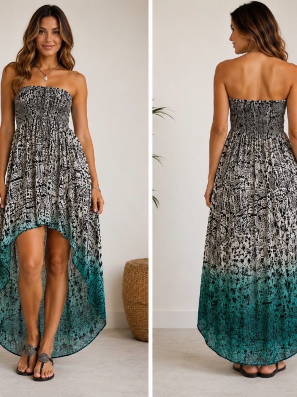2B Bebe Strapless High-Low Maxi Dress in Black & Teal Ombre